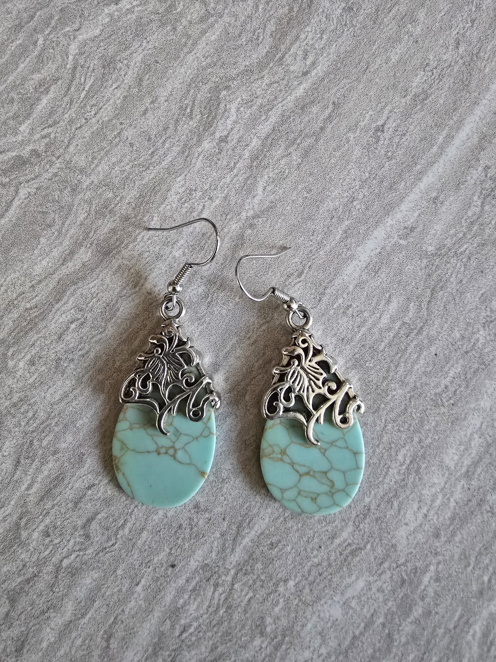 Turquoise Teardrop Dangle Earrings with Silver Filigree